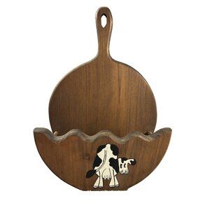 Vintage Primitive Folk Art Painted Cow Wood Wall Pocket Paper Plate Holder Rack